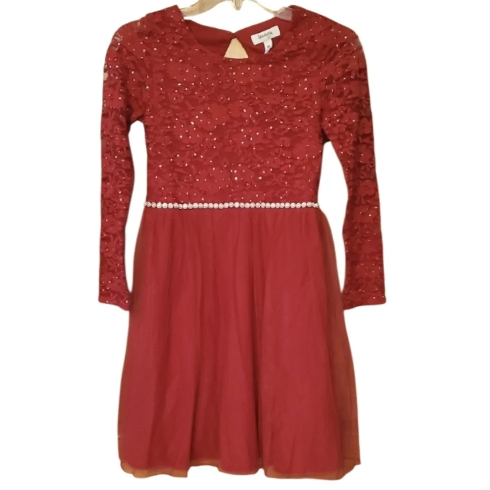 Speechless Dark‎ Red Glitter Lace Tulle Skirt Dress Size Girls 16 Christmas